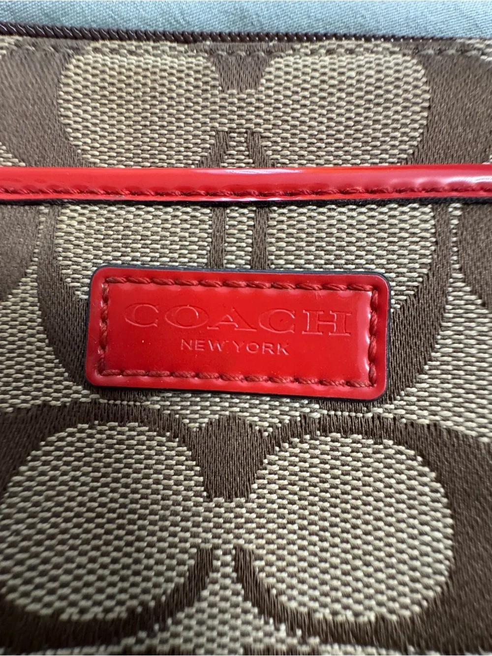 Coach Signature Jacquard Crossbody Bag with Orange Strap